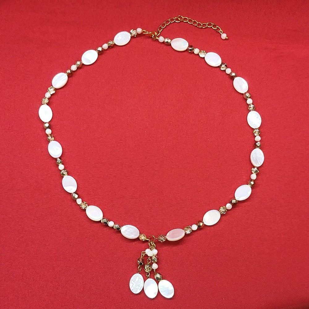 Oval White Taupe Beads Metal Bronze Beads Necklace